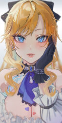 Rule 34 | 1girl, :d, ascot, bare shoulders, black bow, black gloves, blonde hair, blue ascot, blush, bow, breasts, cleavage, earrings, frilled shirt, frills, fujima (k114), gloves, hair bow, hand on own cheek, hand on own face, heart, heart tattoo, highres, idolmaster, idolmaster cinderella girls, jewelry, large breasts, long hair, long sleeves, ohtsuki yui, open mouth, shirt, smile, solo, tattoo, white shirt