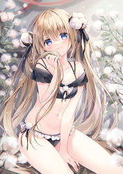 Rule 34 | 1girl, bikini, black bikini, black ribbon, blonde hair, blue eyes, breasts, closed mouth, collarbone, commentary request, flower, frilled bikini, frills, hair between eyes, hair flower, hair ornament, hair ribbon, hand up, highres, holding, holding own hair, long hair, looking at viewer, medium breasts, navel, original, ribbon, side-tie bikini bottom, sitting, smile, solo, suimya, swimsuit, thighs, twintails
