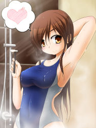 Rule 34 | 1girl, armpits, arms behind back, arms up, brown eyes, brown hair, competition swimsuit, heart, kamino reita, long hair, one-piece swimsuit, original, razor, shaving cream, showering, solo, spoken heart, swimsuit, wet