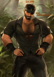 Rule 34 | 1boy, abs, arm hair, bara, beard, chest hair, commentary, dopey (dopq), eyepatch, facial hair, highres, large pectorals, male focus, mature male, muscular, muscular male, one eye covered, open mouth, original, pectoral cleavage, pectorals, smile, solo