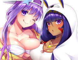 2girls, animal ears, asymmetrical hair, bandeau, bangs, bare shoulders, baseball cap, bb (fate) (all), bb (swimsuit mooncancer) (fate), blanket, blush, braid, breast press, breasts, chikage (blackclownery), cleavage, collarbone, cropped jacket, dark skin, dark skinned female, earrings, facepaint, facial mark, fate/grand order, fate (series), hairband, hat, hat ornament, hoop earrings, jackal ears, jacket, jewelry, large breasts, licking lips, long hair, long sleeves, looking at viewer, low-tied long hair, multiple girls, necklace, nitocris (fate), nitocris (fate/grand order), nitocris (swimsuit assassin) (fate), one eye closed, open mouth, purple eyes, purple hair, sidelocks, single braid, smile, star (symbol), star hat ornament, swimsuit, tongue, tongue out, very long hair, white headwear, white swimsuit, yellow jacket