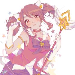 Rule 34 | 1girl, blush, bow, bowtie, breasts, choker, collarbone, gloves, highres, holding, holding staff, large breasts, league of legends, looking at viewer, lux (league of legends), magical girl, official alternate costume, pink bow, pink bowtie, pink choker, pink hair, pink shirt, pleated skirt, ruan chen yue, sailor collar, shirt, signature, simple background, skirt, smile, staff, star (symbol), star guardian (league of legends), star guardian lux, twintails, white background, white gloves, white sailor collar