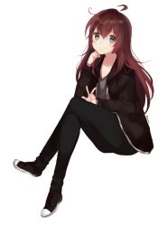 Rule 34 | 1girl, absurdres, ahoge, black footwear, black jacket, black pants, blush, brown hair, closed mouth, commission, grey eyes, grey shirt, hand up, highres, invisible chair, jacket, long hair, mochii, open clothes, open jacket, pants, shirt, shoes, simple background, sitting, smile, solo, w, white background