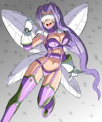 Rule 34 | 1girl, bikini, bra, breasts, butterfly wings, butterfly wings gauntlets, covered eyes, digimon, digimon frontier, facial mark, fairimon, garter straps, gauntlets, gloves, highres, insect wings, long hair, mask, medium breasts, navel, orimoto izumi, panties, purple bikini, purple bra, purple hair, purple panties, shiny skin, shoulder pads, sketch, smile, swimsuit, underwear, wings