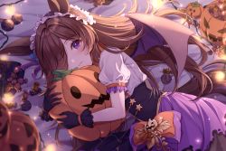 Rule 34 | 1girl, animal ears, bed sheet, black gloves, black skirt, blush, brown hair, candy, candy wrapper, closed mouth, commentary request, food, gloves, hair over one eye, halloween, halloween bucket, horse ears, horse girl, horse tail, hugging object, iyar, jack-o&#039;-lantern, lace, lace-trimmed gloves, lace trim, lollipop, long hair, looking at viewer, lying, on side, puffy short sleeves, puffy sleeves, purple eyes, purple skirt, rice shower (make up vampire!) (umamusume), rice shower (umamusume), shirt, short sleeves, skirt, solo, stuffed toy, tail, umamusume, very long hair, white shirt