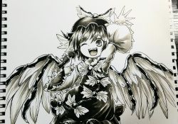 Rule 34 | 1girl, animal ears, arm up, bird ears, bird wings, chups, dress, fingernails, frilled dress, frilled sleeves, frills, highres, holding, holding microphone, long fingernails, long sleeves, microphone, mystia lorelei, one eye closed, open mouth, photo (medium), sharp fingernails, short hair, smile, solo, teeth, touhou, traditional media, upper teeth only, wide sleeves, winged hat, wings