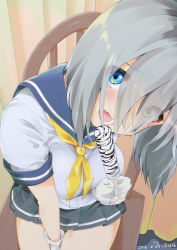 Rule 34 | 10s, 1girl, between legs, blue eyes, blush, breasts, chair, commentary request, dated, eyes visible through hair, food, gloves, hair over one eye, hamakaze (kancolle), hand between legs, holding, holding food, ice cream, kantai collection, large breasts, looking at viewer, mokyutan, neckerchief, no legwear, open mouth, pleated skirt, school uniform, serafuku, short hair, short sleeves, silver hair, sitting, skirt, solo, teeth, white gloves, yellow neckerchief