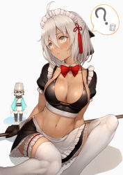 Rule 34 | 2girls, ?, alternate costume, apron, bikini, bikini top only, black bikini, black gloves, black legwear, black skirt, blonde hair, blush, breasts, brown eyes, bucket, bucket on head, cleavage, closed mouth, commentary request, detached sleeves, enmaided, fate/grand order, fate (series), frilled apron, frilled skirt, frilled sleeves, frills, gloves, grey hair, hair between eyes, hair ribbon, holding, japanese clothes, kimono, kyoeiki, large breasts, leaning to the side, bridal garter, looking away, looking to the side, maid, maid headdress, miniskirt, multiple girls, navel, object on head, okita souji alter (fate), okita souji (fate), okita souji (fate), okita souji (koha-ace), puffy short sleeves, puffy sleeves, red ribbon, ribbon, shinsengumi, short hair, short sleeves, skirt, solo focus, speech bubble, spoken object, spoken question mark, stomach, sweat, swimsuit, thighhighs, waist apron, white apron, white kimono, white legwear