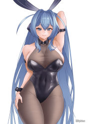 Rule 34 | 1girl, absurdres, animal ears, arm behind head, arm strap, arm up, armpits, azur lane, bare shoulders, black leotard, blue eyes, blue hair, blush, bodysuit, breasts, cleavage, commentary, covered navel, cowboy shot, detached collar, english commentary, fake animal ears, groin, hair between eyes, hand on own hip, headgear, highres, hip focus, large breasts, leotard, long hair, looking at viewer, new jersey (azur lane), new jersey (exhilarating steps!) (azur lane), official alternate costume, pantyhose, playboy bunny, rabbit ears, see-through, see-through cleavage, signature, skin tight, sleeveless, smile, solo, thighs, very long hair, whitter, wrist cuffs