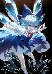 Rule 34 | 1girl, black footwear, blue bow, blue dress, blue eyes, blue hair, bow, cirno, collared shirt, dress, fairy, full body, hair between eyes, hair bow, highres, ice, ice wings, open mouth, outstretched arms, pinafore dress, shirt, shoes, short hair, short sleeves, sleeveless, sleeveless dress, smile, socks, solo, spread arms, touhou, u u zan, water, white shirt, white socks, wings