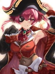 1girl, :q, adjusting clothes, adjusting headwear, arm up, armpits, ascot, bangs, belt, bicorne, black choker, black coat, black eyepatch, black headwear, blush, breasts, brooch, brown belt, buttons, choker, coat, cropped jacket, eyepatch, frilled shirt collar, frills, gold trim, hair ribbon, hat, hololive, houshou marine, jacket, jewelry, kerotsupii deisuku, large breasts, leather belt, leotard, leotard under clothes, licking lips, long hair, looking at viewer, miniskirt, off shoulder, pirate, pleated skirt, red eyes, red hair, red jacket, red neckwear, red ribbon, red skirt, ribbon, see-through, sheer leotard, simple background, skirt, sleeveless, sleeveless jacket, sleeves past fingers, sleeves past wrists, smile, solo, tongue, tongue out, twintails, two-tone skirt, virtual youtuber, white background