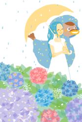 Rule 34 | 1girl, bird, blue hair, dress, duck, flower, hydrangea, karoo (one piece), nefertari vivi, one piece, ponytail, princess, rain, shueisha, smile, umbrella, white dress