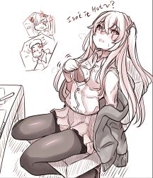Rule 34 | ..., 1boy, 2girls, absurdres, anger vein, blush, bra, breasts, breath, chair, chibi, chibi inset, clothes pull, collared shirt, commentary, english commentary, english text, girls&#039; frontline, hair ornament, highres, hk416 (girls&#039; frontline), jacket, long hair, monochrome, multiple girls, off shoulder, office chair, one side up, pantyhose, peroronti, s-head commander, scar, scar across eye, shirt, shirt pull, simple background, skirt, small breasts, sweat, swivel chair, teardrop facial mark, teardrop tattoo, ump45 (girls&#039; frontline), underwear, x hair ornament