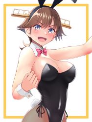 Rule 34 | 1girl, animal ears, black leotard, bow, bowtie, breasts, brown hair, brown pantyhose, cleavage, commentary request, cowboy shot, detached collar, fake animal ears, flipped hair, hairband, headgear, hiei (kancolle), highres, kantai collection, large breasts, leotard, looking at viewer, pantyhose, playboy bunny, purple eyes, rabbit ears, rabbit tail, red bow, red bowtie, short hair, solo, strapless, strapless leotard, tail, tussy, white background, wrist cuffs