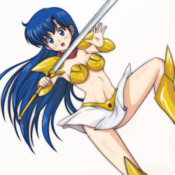 Rule 34 | 1girl, armor, armored boots, asou yuuko, bandana, bikini armor, blue eyes, blue hair, blush, boots, breasts, cleavage, commentary request, dutch angle, eyelashes, gem, gold armor, holding, holding sword, holding weapon, knee boots, long hair, midriff, miniskirt, mugen senshi valis, navel, open mouth, red bandana, red scarf, revealing clothes, scarf, shoulder pads, simple background, skirt, stomach, sword, t jiroo (ringofriend), thighs, valis, vambraces, very long hair, weapon, white background, white skirt