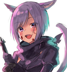 Rule 34 | 1girl, :d, animal ears, black scarf, blood, blood on face, cat ears, cat girl, cat tail, commentary request, final fantasy, final fantasy xiv, gloves, holding, holding weapon, looking at viewer, lowres, midorikawa you, miqo&#039;te, ninja, open mouth, puffy short sleeves, puffy sleeves, purple gloves, purple hair, red eyes, scarf, short hair, short sleeves, sidelocks, simple background, smile, solo, tail, tail raised, upper body, weapon, white background