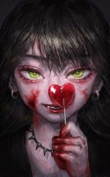 Rule 34 | 1girl, absurdres, black background, black hair, blood, blood on face, blood on hands, candy, commentary request, earrings, food, green eyes, hatena (nazequestion), heart-shaped food, highres, holding, holding candy, holding food, jewelry, lollipop, looking at viewer, necklace, original, parted lips, portrait, simple background, smile, solo
