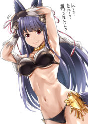 Rule 34 | 10s, 1girl, animal ears, arms up, bell, bikini, breasts, erune, fang, fang out, fox ears, fox tail, ganari ryuu, gloves, granblue fantasy, hair bell, hair ornament, highres, long hair, looking at viewer, navel, red eyes, sketch, smile, solo, swimsuit, tail, translation request, yuel (granblue fantasy)