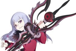 Rule 34 | 1girl, agria (tales), albino, freckles, grin, long hair, official art, red eyes, smile, solo, sword, tales of (series), tales of xillia, transparent background, weapon, white background, white hair