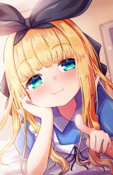 Rule 34 | 1girl, :t, apron, baram, black ribbon, blonde hair, blue dress, blunt bangs, blush, closed mouth, collared dress, commentary request, dress, frilled apron, frills, green eyes, hair ribbon, highres, long hair, looking at viewer, lying, mononobe alice, mononobe alice (1st costume), nijisanji, on stomach, puffy short sleeves, puffy sleeves, ribbon, short sleeves, smile, solo, upper body, virtual youtuber, white apron