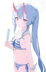 Rule 34 | 1girl, absurdres, armpit crease, bare arms, bare shoulders, bikini, blue archive, blue hair, breasts, chise (blue archive), chise (swimsuit) (blue archive), cowboy shot, detached collar, food, from side, front-tie bikini top, front-tie top, halo, highres, holding, holding food, holding popsicle, horns, jyt, long hair, looking at viewer, looking to the side, navel, official alternate costume, oni horns, parted lips, ponytail, popsicle, red eyes, ribbon, sailor collar, side-tie bikini bottom, sidelocks, simple background, small breasts, solo, standing, stomach, string bikini, striped bikini, striped clothes, swimsuit, very long hair, white background, wrist ribbon