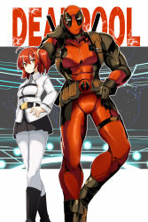 Rule 34 | 1boy, 1girl, ahoge, belt, bodysuit, commentary request, copyright name, crossover, deadpool, deadpool (series), fate/grand order, fate (series), fujimaru ritsuka (female), hand on own head, kanameya, katana, long sleeves, looking at viewer, marvel, mask, pantyhose, scrunchie, short hair, side ponytail, sword, weapon