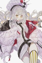 Rule 34 | 1girl, belt, black belt, candy, dress, fate/grand order, fate (series), food, grey hair, hat, highres, jacket, lemon ice, lollipop, long hair, looking at viewer, marie antoinette (alter) (fate), marie antoinette (fate), mouth hold, sidelocks, simple background, single thighhigh, solo, striped clothes, striped thighhighs, thighhighs, twintails, very long hair, white background, white dress, white hat, white jacket, yellow eyes