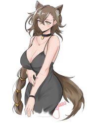 Rule 34 | 1girl, absurdres, alternate costume, animal ears, arknights, black choker, black dress, blush, breasts, brown hair, choker, cleavage, dress, earrings, extra ears, hair between eyes, highres, jewelry, large breasts, long hair, looking at viewer, mole, mole above eye, penance (arknights), sleeveless, sleeveless dress, solo, spaghetti strap, tail, very long hair, wolf ears, wolf girl, wolf tail, yellow eyes, yosua 0669