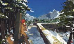 Rule 34 | 1girl, animal ears, blue sky, bridge, brown hair, brown skirt, case, day, forest, from behind, hat, lansane, looking at viewer, looking back, nature, original, outdoors, path, red hat, road, skirt, sky, snow, solo, standing, tail, tree, tsana (lansane), wolf ears, wolf tail