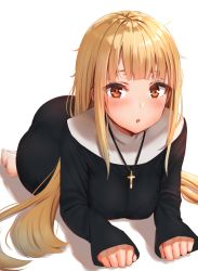Rule 34 | 1girl, :o, blonde hair, blunt bangs, blush, breasts, brown eyes, cross, cross necklace, eyebrows hidden by hair, highres, jewelry, long hair, long sleeves, looking at viewer, lying, medium breasts, necklace, nun, on stomach, original, parted lips, reinama, robe, sidelocks, simple background, sleeves past wrists, solo, traditional nun, tsurime, white background