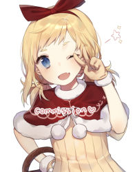 Rule 34 | 1girl, ;d, blonde hair, blue eyes, blush, brown dress, brown gloves, capelet, commission, dress, fang, fur-trimmed capelet, fur trim, gloves, hair ribbon, hand on own hip, hand up, long hair, low twintails, moffle (ayabi), one eye closed, open mouth, original, pom pom (clothes), red capelet, red ribbon, ribbed dress, ribbon, short sleeves, simple background, smile, solo, star (symbol), twintails, upper body, v, watermark, white background