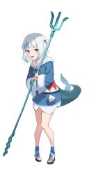 Rule 34 | 1girl, absurdres, ao (82865729), blue eyes, blue hair, blue hoodie, blue socks, blunt bangs, fins, fish tail, gawr gura, gawr gura (1st costume), grey hair, hair ornament, highres, holding trident, hololive, hololive english, hood, hoodie, looking at viewer, medium hair, multicolored hair, open mouth, shark girl, shark hair ornament, shark tail, sharp teeth, shoes, sidelocks, smile, sneakers, socks, solo, streaked hair, tail, teeth, two side up, upper teeth only, virtual youtuber, white background, white footwear