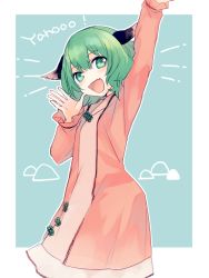 Rule 34 | 1girl, :d, animal ears, arm up, bad id, bad twitter id, cowboy shot, dog ears, dress, fang, green eyes, green hair, kasodani kyouko, katagiri (mighty swing), long sleeves, one-hour drawing challenge, open mouth, pink dress, short hair, smile, solo, text focus, touhou