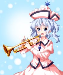 Rule 34 | 1girl, :d, blouse, blue background, blue eyes, blue hair, blush, commentary request, cowboy shot, frilled hat, frilled shirt collar, frills, gradient background, hair between eyes, hat, highres, holding, holding instrument, instrument, juliet sleeves, long sleeves, looking at viewer, merlin prismriver, one side up, open mouth, pink hat, pink shirt, pink skirt, puffy sleeves, ruu (tksymkw), shirt, short hair, skirt, smile, solo, touhou, trumpet
