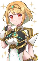 Rule 34 | 1girl, alternate hair color, black gloves, blonde hair, blush, breasts, closed mouth, commentary request, cosplay, covered navel, dress, earrings, fingerless gloves, gloves, hand up, headpiece, jewelry, large breasts, looking at viewer, miasuke, mythra (xenoblade), mythra (xenoblade) (cosplay), pyra (xenoblade), red eyes, short hair, simple background, smile, solo, sparkle, upper body, white background, white dress, xenoblade chronicles (series), xenoblade chronicles 2
