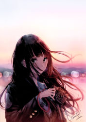Rule 34 | 1girl, artist name, black jacket, blazer, blue sky, blunt bangs, blurry, blurry background, brown eyes, brown sweater, buttons, camera, clear sky, collarbone, depth of field, eyebrows hidden by hair, field, floating hair, from side, head tilt, highres, holding, holding camera, jacket, kazuharu kina, lamppost, landscape, light, light rays, long hair, looking at viewer, messy hair, mountain, mountainous horizon, neck ribbon, original, outdoors, ribbon, school uniform, serafuku, shirt, sidelocks, signature, sky, smile, solo, strap, sunset, sweater, sweater vest, white shirt