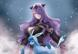 Rule 34 | 1girl, armor, black armor, breasts, camilla (fire emblem), cleavage, closed mouth, creatures (company), dated, fire emblem, fire emblem fates, game freak, gen 4 pokemon, glaceon, gloves, hair over one eye, large breasts, long hair, nintendo, pokemon, pokemon (creature), purple eyes, purple gloves, purple hair, robaco, smile, tiara, twitter username, upper body