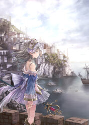 Rule 34 | 1girl, absurdres, atelier (series), atelier rorona, atelier totori, back bow, blue sleeves, bow, dress, grey hair, hashtag-only commentary, highres, kishida mel, long hair, looking afar, official art, outdoors, profile, revision, ship, solo, staff, totooria helmold, water, watercraft, wind