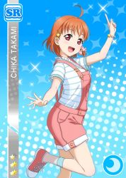 Rule 34 | 10s, ahoge, blush, character name, dress, hair ornament, hair ribbon, happy, looking at viewer, love live!, love live! school idol festival, love live! sunshine!!, official art, orange hair, overalls, red eyes, ribbon, shirt, shoes, short hair, smile, sneakers, striped clothes, striped shirt, takami chika, tress ribbon