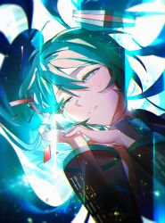 Rule 34 | 1girl, agyou sonokou l, aqua eyes, aqua hair, aqua necktie, bare shoulders, black sleeves, broken, commentary, detached sleeves, glint, grey shirt, half-closed eyes, hands up, hatsune miku, highres, light blush, light smile, long hair, making-of available, necktie, parted lips, seashell, shell, shell to ear, shirt, sleeveless, sleeveless shirt, solo, tears, twintails, upper body, vocaloid