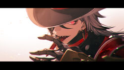 Rule 34 | 1boy, absurdres, boothill (honkai: star rail), bullet, bullet earrings, bullet in mouth, cowboy hat, crosshair pupils, earrings, hat, hat over one eye, highres, honkai: star rail, honkai (series), jewelry, long hair, looking at viewer, male focus, mechanical arms, multicolored hair, namahamu913, open mouth, portrait, red eyes, sharp teeth, streaked hair, symbol-shaped pupils, teeth, tongue, tongue out, white background, white hair