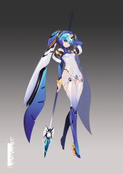 Rule 34 | 1girl, adapted costume, android, arms behind head, blue eyes, breasts, covered erect nipples, full body, gradient background, grey background, high heels, highres, hirada hirao, holding, holding weapon, joints, fairy leviathan (mega man), medium breasts, mega man (series), mega man zero (series), polearm, robot joints, simple background, solo, spear, standing, thighhighs, weapon