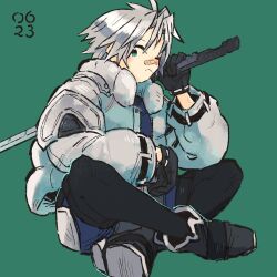 1boy aged_down bandaid bandaid_on_face bandaid_on_nose black_footwear black_gloves black_thighhighs blue_wetsuit boots cropped_jacket dated final_fantasy final_fantasy_vii final_fantasy_vii_ever_crisis full_body gloves green_background green_eyes grey_hair hair_between_eyes highres holding holding_sword holding_weapon indian_style jacket long_sleeves male_focus nobu_(25mark) official_alternate_costume one_eye_closed over_shoulder sephiroth sephiroth_(ever_crisis) sephiroth_(natant_jacket) short_hair sitting solo sword thighhighs weapon weapon_over_shoulder white_jacket