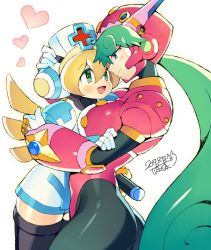 Rule 34 | 2girls, android, blonde hair, blue eyes, blush, breasts, capcom, cinnamon (mega man), closed mouth, dated, green eyes, green hair, hand on another&#039;s head, hat, headgear, heart, helmet, hug, iroyopon, long hair, looking at another, marino (mega man), mega man (series), mega man x: command mission, mega man x (series), multiple girls, nurse, nurse cap, open mouth, signature, smile, white background, yuri