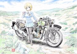 Rule 34 | 10s, 1girl, artist name, black footwear, black necktie, black pantyhose, blonde hair, blue eyes, blue skirt, blue sweater, braid, closed mouth, cloud, cloudy sky, cup, darjeeling (girls und panzer), dated, day, dress shirt, emblem, gillet 500 ohv supersport, girls und panzer, highres, holding, holding cup, kubota shinji, loafers, long sleeves, looking at viewer, miniskirt, motor vehicle, motorcycle, necktie, outdoors, pantyhose, pleated skirt, school uniform, shirt, shoes, short hair, signature, skirt, sky, smile, solo, st. gloriana&#039;s (emblem), st. gloriana&#039;s school uniform, sweater, teacup, twin braids, v-neck, vehicle request, watermark, white shirt, wing collar
