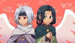 Rule 34 | 2boys, aiknwuriknru, aquaplus, black hair, bright pupils, dii (utawarerumono), green eyes, grey hair, hair ornament, headband, large wings, long sleeves, looking at another, looking to the side, multiple boys, open mouth, raised eyebrows, red eyes, short hair, upper body, utawarerumono, utawarerumono: lost flag, white pupils, wings