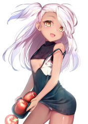 Rule 34 | 1girl, :d, apple, bare arms, bare shoulders, black dress, breasts, brown eyes, chloe von einzbern, commentary request, dark-skinned female, dark skin, dress, fate/kaleid liner prisma illya, fate (series), food, fruit, long hair, one side up, open mouth, panties, red apple, silver hair, simple background, skirt basket, small breasts, smile, solo, strap slip, underwear, very long hair, white background, white panties, yan (nicknikg)