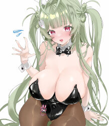 Rule 34 | 1girl, :o, animal ears, antenna hair, black bow, black bowtie, black leotard, blush, bowtie, breasts, brown pantyhose, cleavage, detached collar, fake animal ears, fake tail, goddess of victory: nikke, green hair, green nails, heart antenna hair, highleg, highleg leotard, huge breasts, leotard, long hair, looking at viewer, mole, mole on breast, nail polish, open mouth, pantyhose, pink eyes, playboy bunny, rabbit ears, rabbit tail, simple background, sitting, soda (nikke), soda (twinkling bunny) (nikke), solo, strapless, strapless leotard, tail, twintails, uniofthedead, waving, white background, wrist cuffs