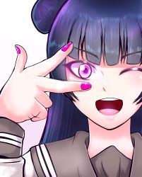 Rule 34 | 1girl, ;), absurdres, artist name, artist request, blue hair, blush, breasts, close-up, female focus, grey sailor collar, hair bun, highres, long hair, long sleeves, looking at viewer, love live!, love live! sunshine!!, nail polish, one eye closed, parted lips, pink eyes, purple eyes, purple nail polish, purple nails, sailor collar, shirt, single hair bun, smile, solo, tsushima yoshiko, upper body, v, v over eye, white background, white shirt