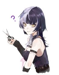 Rule 34 | 1girl, ?, armpit crease, black choker, black dress, black eyeliner, black eyeshadow, black hair, black nails, blunt bangs, breasts, chest strap, choker, cleavage, dress, eyelashes, eyeliner, eyeshadow, grey hair, hair between eyes, hair ornament, highres, holding, holding scissors, hololive, hololive english, lace-trimmed choker, lace trim, large breasts, long hair, looking at viewer, makeup, multicolored hair, nail polish, open mouth, ribbon, scissors, shiori novella, shiori novella (1st costume), simple background, sleeveless, sleeveless dress, smile, solo, split-color hair, striped arm warmers, two-tone hair, virtual youtuber, white hair, white ribbon, yellow eyes, yukii91218